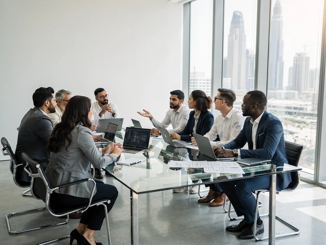 A small team collaborating in a bright Dubai office