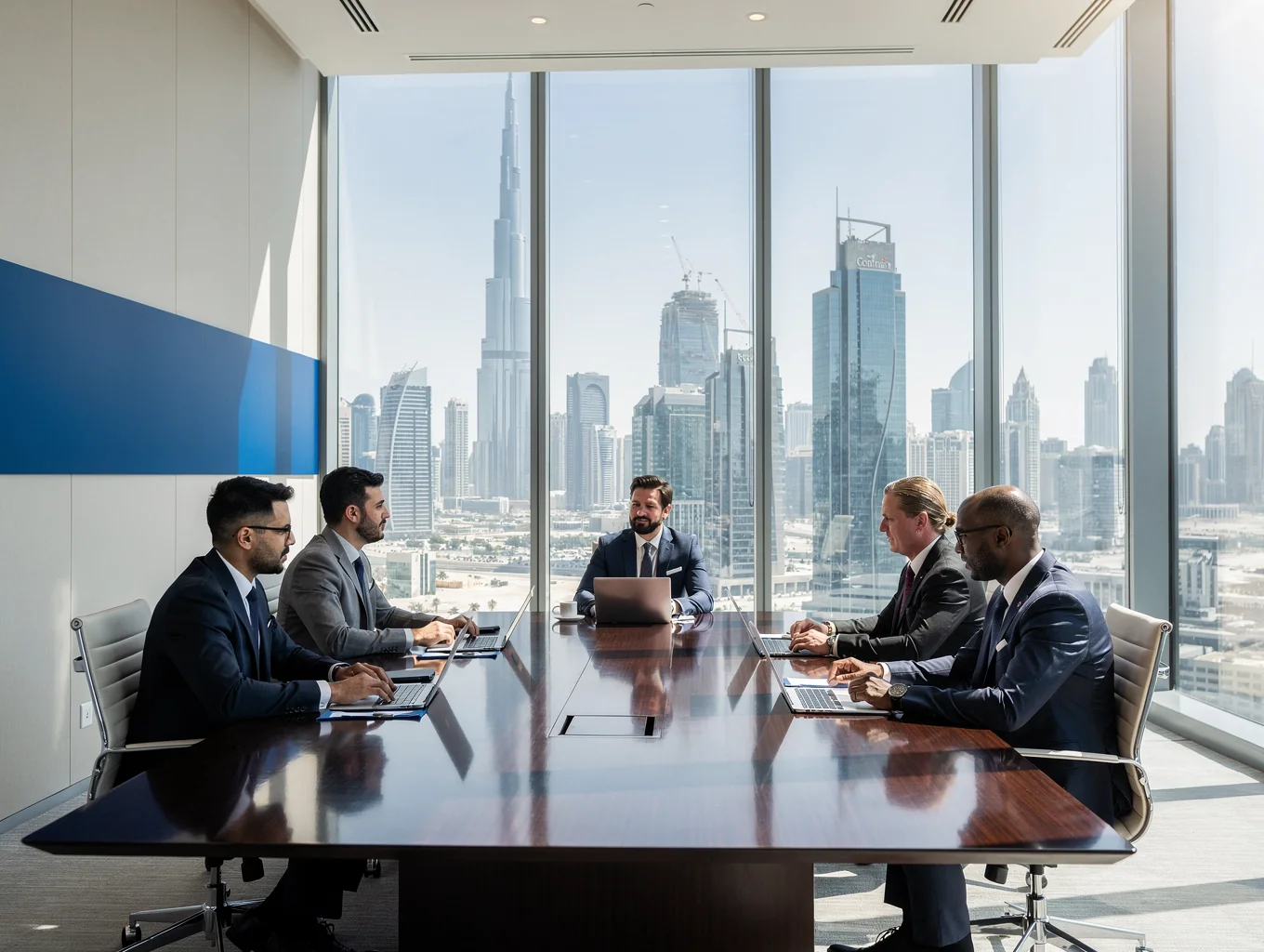 Modern sunlit Dubai meeting space overlooking corporate towers